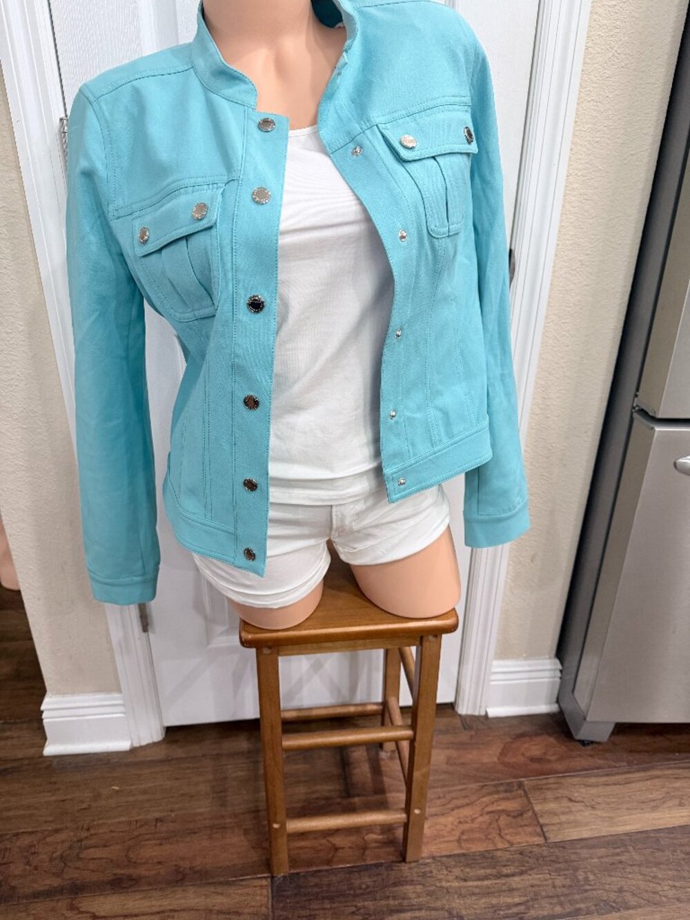 WHBM Aqua Blue Stretch Jacket Women’s Small Snap Front Utility Moto Career